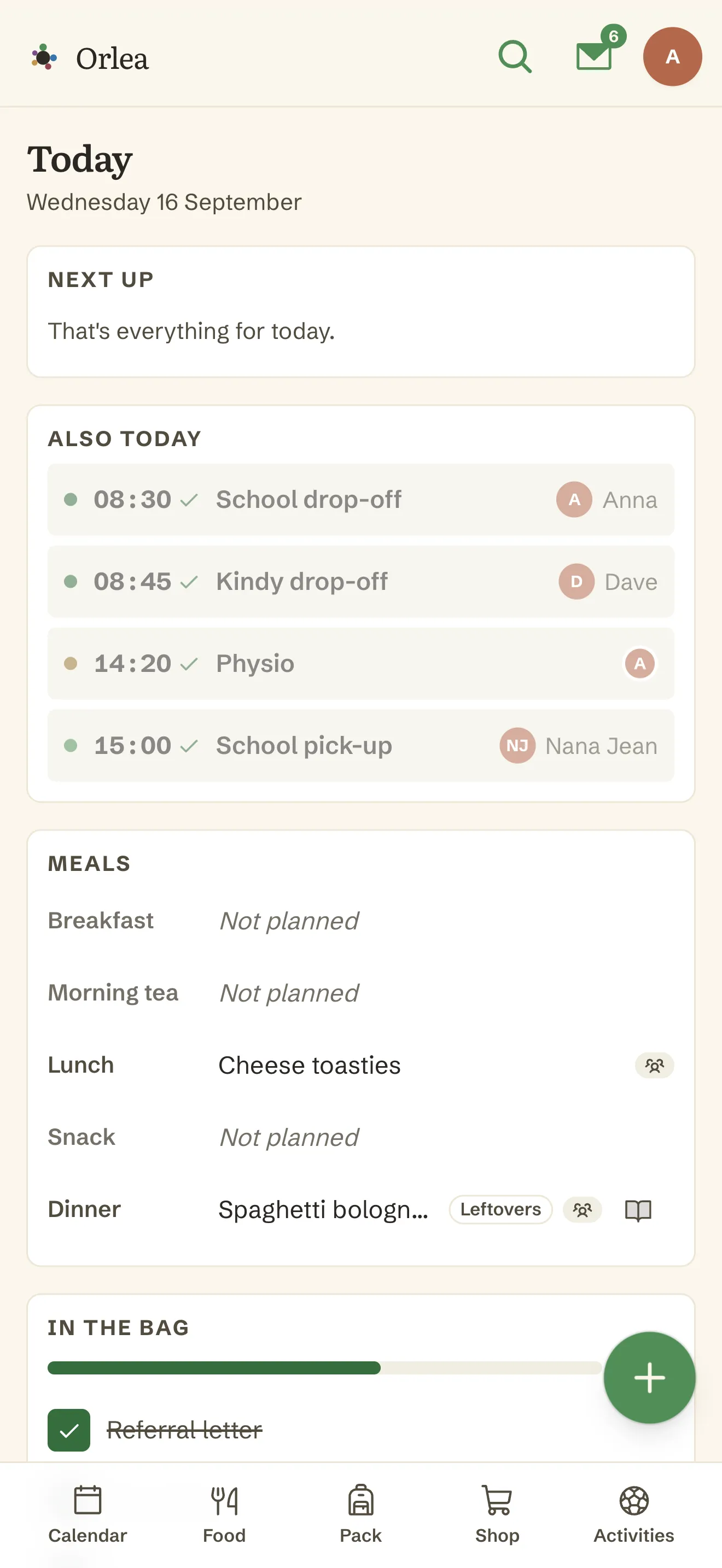Orlea's Today screen on a phone: Wednesday's school drop-off with Anna, kindy drop-off with Dave, physio, and school pick-up with Nana Jean, then the day's meals and the bag with its progress bar