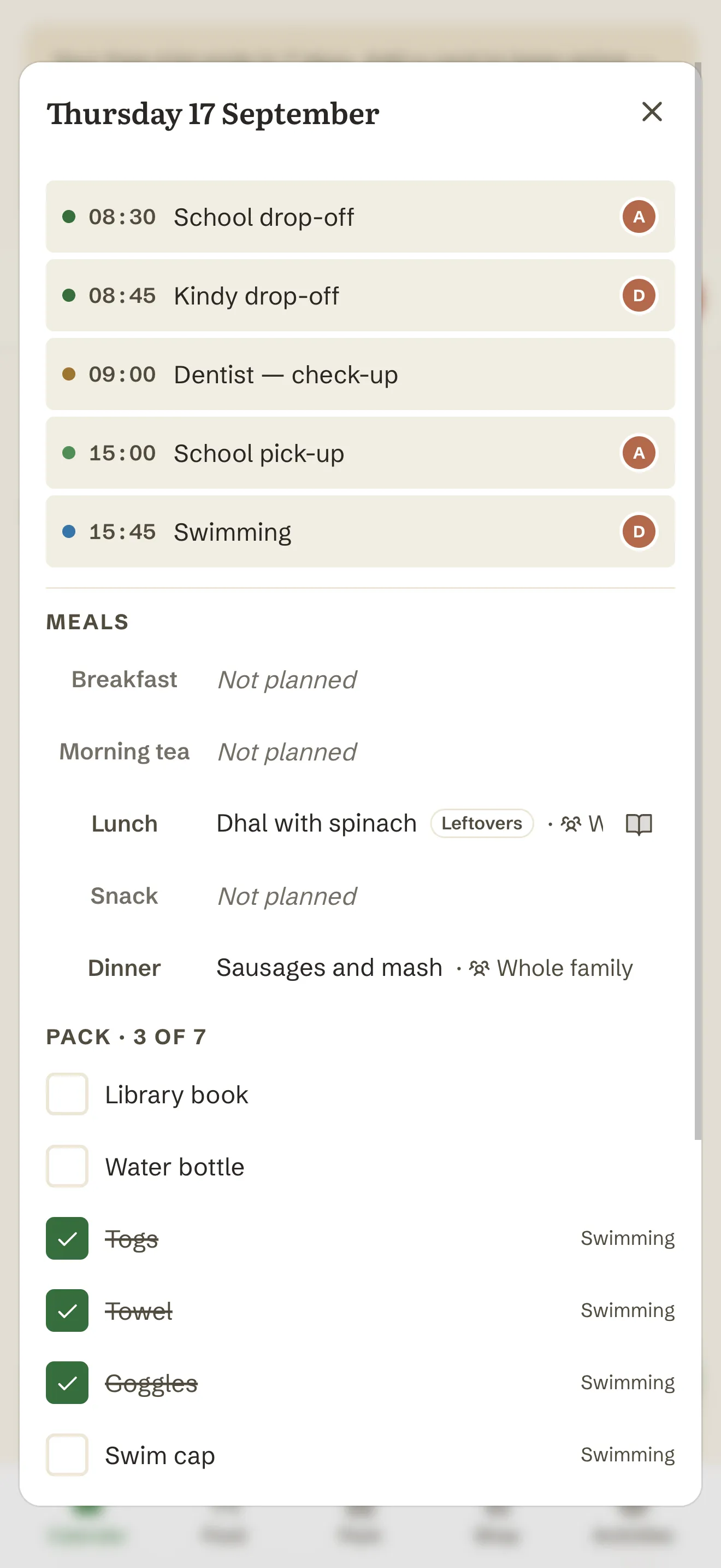 Thursday's day panel on a phone: the drop-offs, dentist, pick-up and swimming, then the day's meals, then the pack list with three of seven ticked