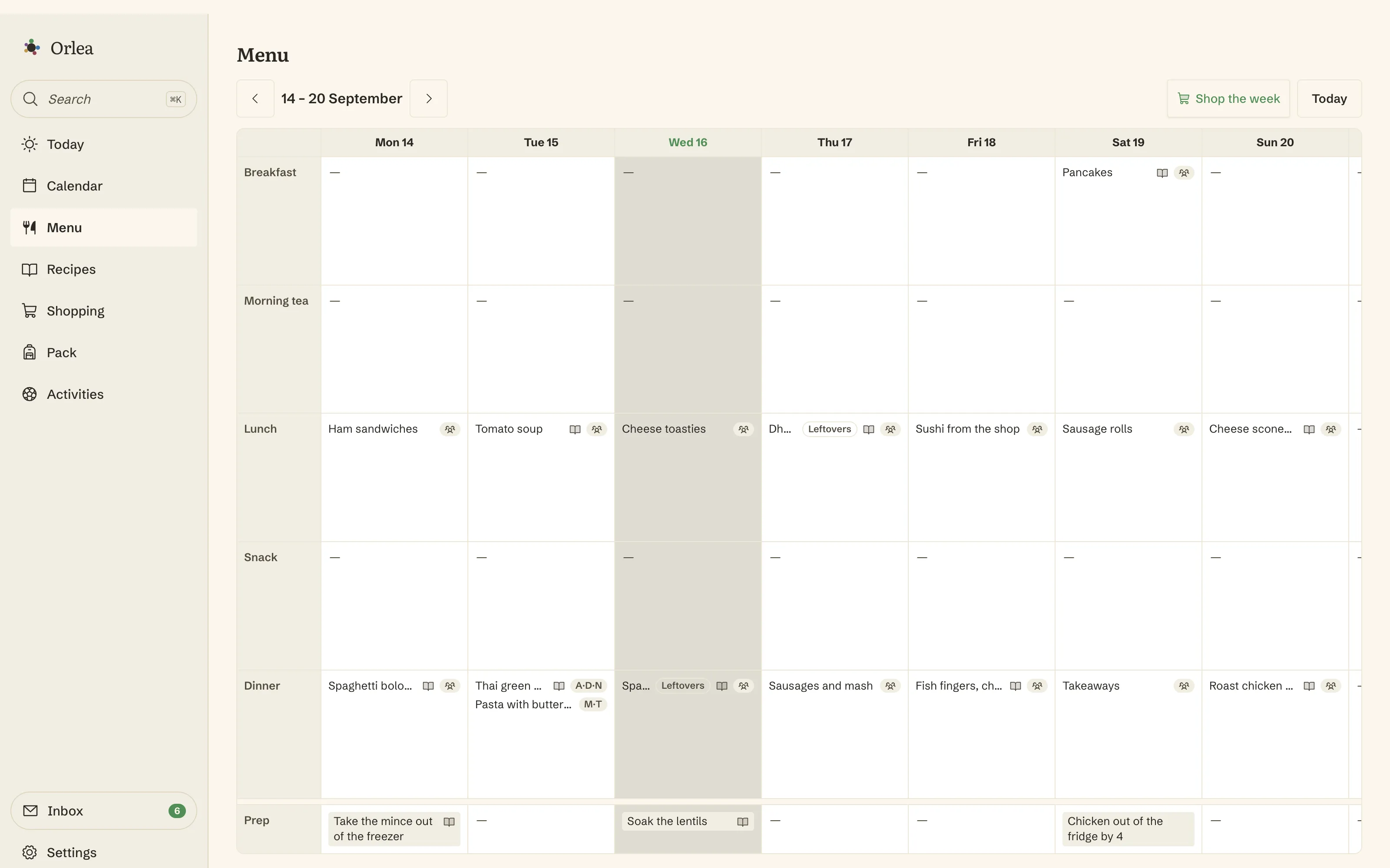 The weekly menu grid, breakfast to dinner across the week: Thai green curry with a pasta alternative on Tuesday, leftover bolognaise on Wednesday, fish fingers on Friday, takeaways on Saturday and a roast on Sunday