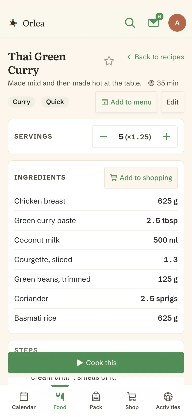 A recipe on a phone, Thai green curry, with the servings scaled to five and every ingredient amount recalculated