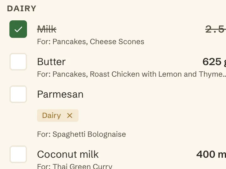 A close crop of the dairy section of a shopping list: butter merged into one 625 gram line from pancakes and the roast chicken, and milk ticked off