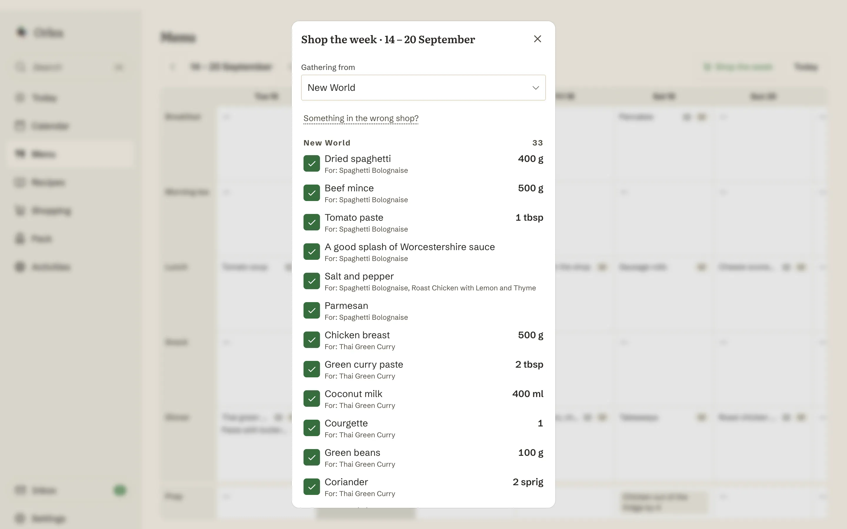 The shop-the-week proposal for 14 to 20 September: every ingredient the week's recipes need, each with the recipe it is for, ticked and waiting to be added