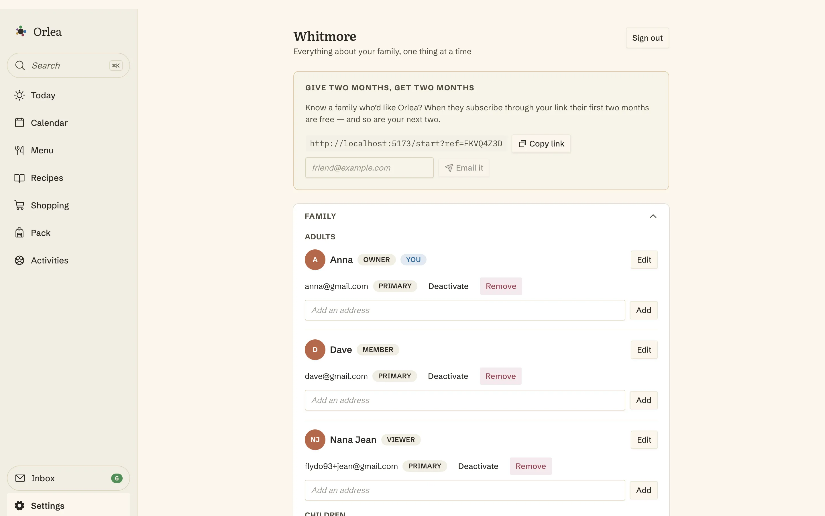 The family in settings: Anna as owner, Dave as member and Nana Jean as viewer, each with their email address