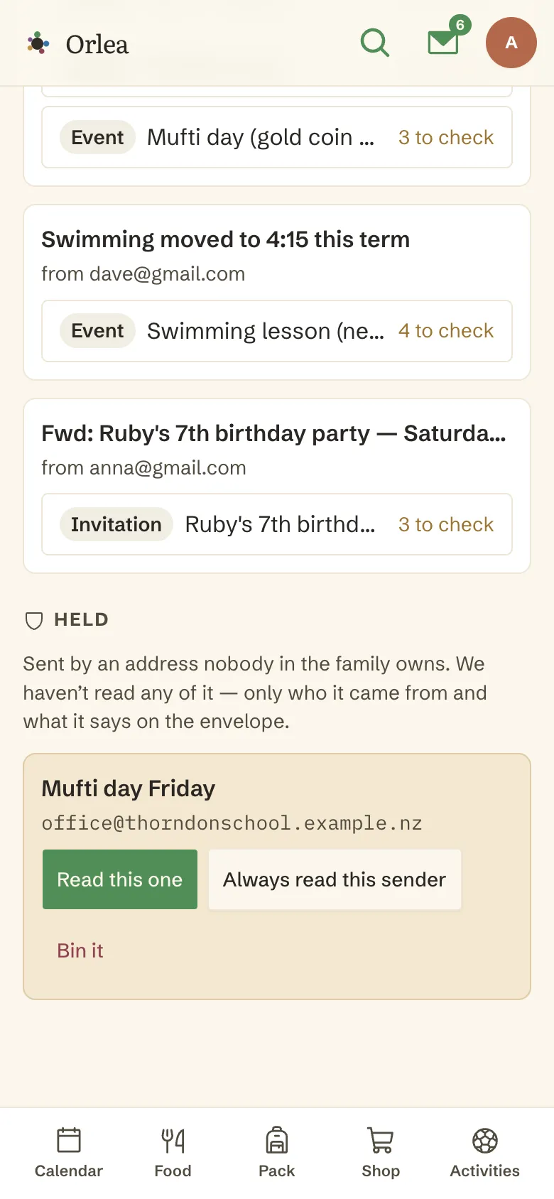 A held email on a phone: only the subject, Mufti day Friday, and the sender's address are shown, with three separate choices to read this one, always read this sender, or bin it